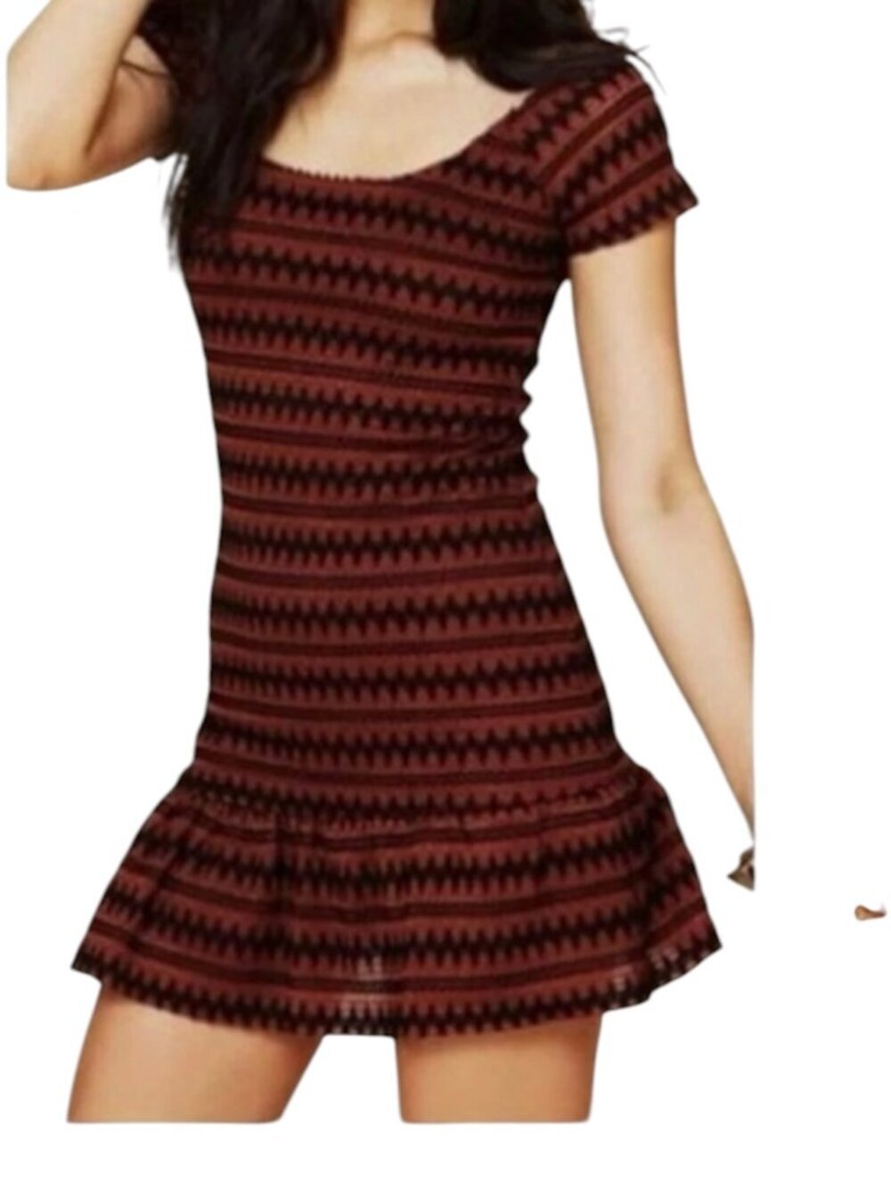 Free People XS Rust Black Aztec Sweater Knit Mini Dress Ruffle Hem Boho